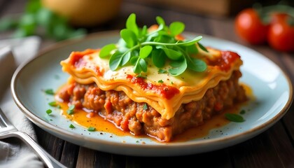Homemade lasagna with minced beef bolognese and bechamel sauce topped wild arugula