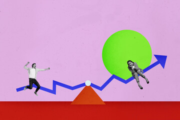 Composite photo collage of two business people man leader girl loser scales comparison arrow...