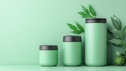 Green storage containers with leaves on a minimalist background, AI