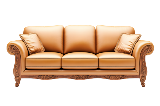 front view, full length of a Beautiful leather sofa isolated on a transparent white background. Ipng, 