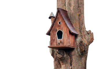 Cute wooden birdhouse hanging on a tree trunk isolated on white background