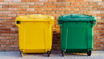 Yellow and green house garbage can. Waste sorting, outside.