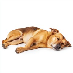 Obraz premium A relaxed dog sleeping peacefully on a white background.