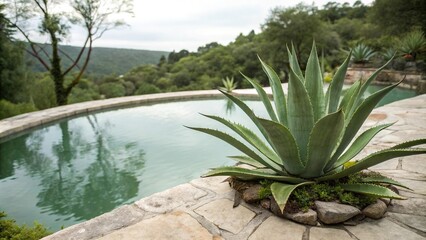 Green agave plant adds elegance to the edge of a peaceful water pond surrounded by natural foliage on a marble surface, serenity, water feature, landscape