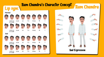 An Indian man cartoon character AKA Ram Chandra. Sad face expressions and lip sync. Set of sad Indian man with various hand gesture and front and 1/3 standing pose.
