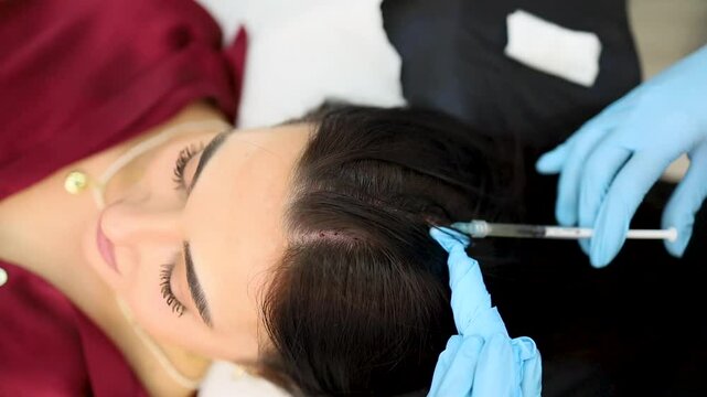 Overhead video of a young woman undergoes platelet-rich plasma or PRP treatment in a modern clinic.