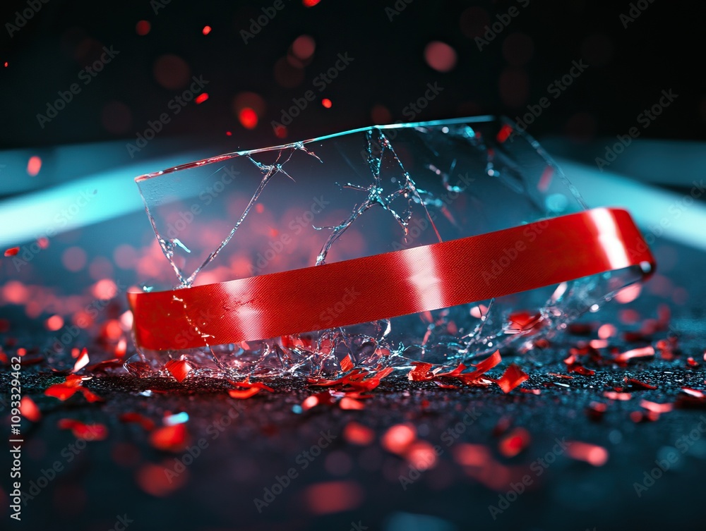 Poster a shattered glass piece with a red ribbon surrounded by shimmering red confetti on a dark surface, c