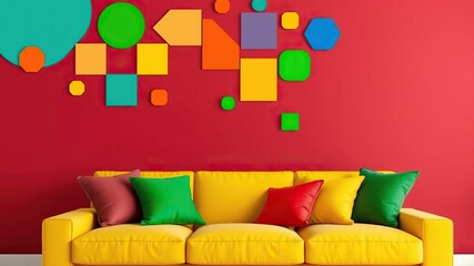 Colorful geometric shapes on a maroon wall above a yellow sofa with green red and yellow pillows, interior design, bold decor