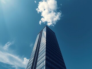 Low-angle shot of a stylish office tower standing out against the dramatic blue-gray hue of the sky with a few wispy clouds scattered across it, clear blue gray sky, low-angle shot