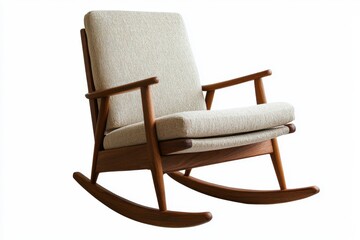 Classic rocking chair with a wooden frame and soft cushion, isolated on white background.