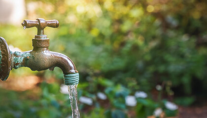 Vintage metal tap with running clear water in garden. Old faucet. Natural backdrop.