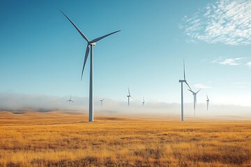Obraz premium Wind turbines stand tall in a golden field, generating clean energy under a serene sky.