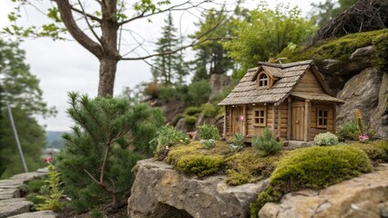 Miniature wooden cottage surrounded by tiny plants and trees on the edge of a rocky outcropping, miniature, plants, cottages