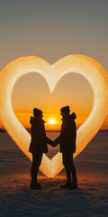 Romantic photo concept withcouple holding hands, standing in front ofgiant glowing Valentine's heart,copyspace