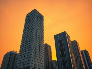 Fototapeta premium Modern skyscraper at sunset with warm orange tones and gentle shadows, urban, panoramic views, modern architecture