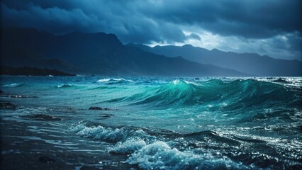 Fototapeta premium Mysterious dark blue abstract blurred gradient with subtle hints of turquoise and green, underwater scene, ocean fog, dark blue background abstract blur, waves, abstract art