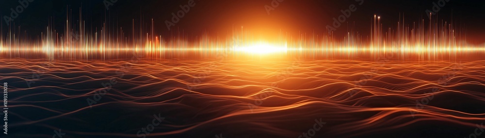 Aufkleber melody voice and speech concept. a serene sunset over waves, with a dynamic visual wave representati