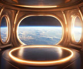 Fototapeta premium A futuristic space station interior with large windows, showcasing a breathtaking view of Earth