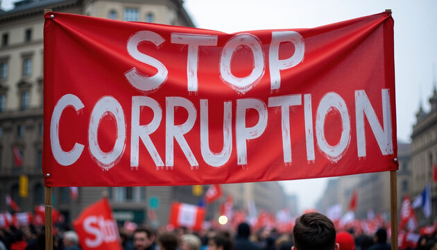 A dynamic photograph capturing a stop corruption banner during an International Anti-Corruption Day demonstration, emphasizing the call for political reform and awareness.