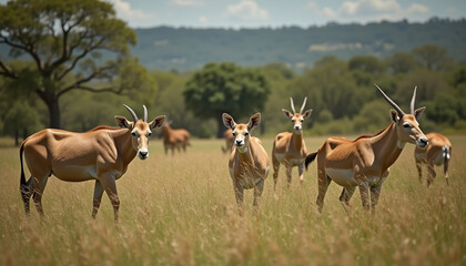 Fototapeta premium A serene image of grazing antelopes in a golden hour setting, beautifully showcasing the tranquility of nature and harmonious wildlife interactions.