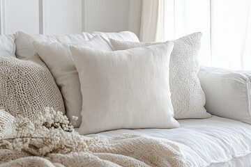 Cozy living room with white pillows and a soft blanket on a stylish couch, natural light streaming through a window.