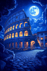 Stunning night view of the illuminated Colosseum in Rome with a full moon and dramatic clouds in a blue-hued sky