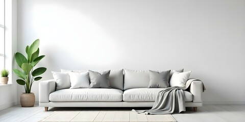 A modern, minimalist living room with a large white sofa, gray and white throw pillows, and a cozy gray blanket draped over the arm of the sofa.