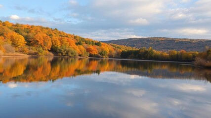 Reflecting hues of autumn colors on Brige Pond's calm surface, natural scenery, connecticut lake