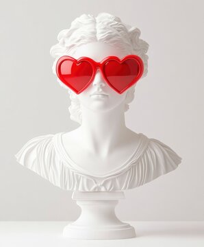 A white marble statue of ancient greek godness wearing modern red heart shape valentines sunglasses