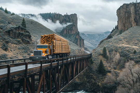 Loaded lumber transport crossing bridge in gorge landscape.