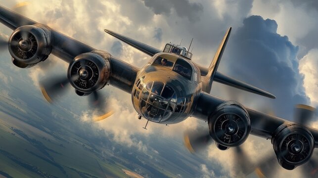 B-17 Flying Fortress in flight, dramatic clouds.