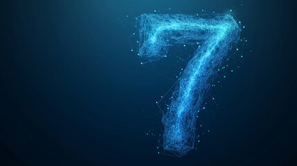 Number seven text. Low poly wireframe illustration on technology blue background. Copy paste area for text and brand