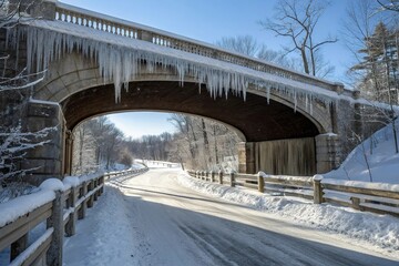 Snow-covered north bridge with icicles hanging from the archway, frozen landscape, cold weather