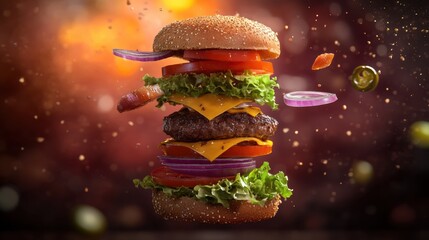 Vibrant deconstructed cheeseburger with layers of beef, cheese, lettuce, tomato, and onion floating in mid-air. Perfect for World Hamburger Day celebrations.