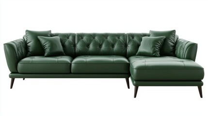 Elegant green leather sectional sofa with tufted design and cushions on a white isolated background.