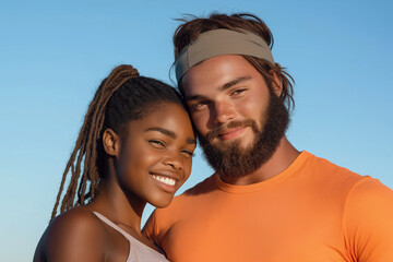 Fototapeta premium Portrait of a happy young multiethnic couple on sky background