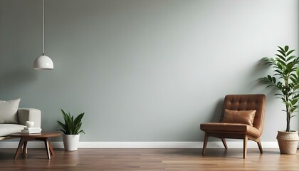 A minimalist living room with a wooden floor, a potted plant, and a brown leather armchair against a plain white wall