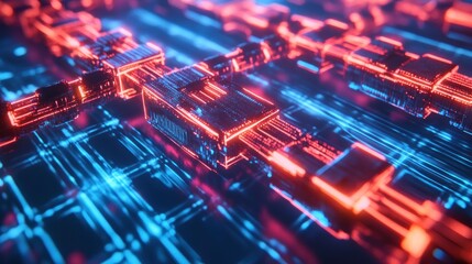 Obraz premium Abstract red and blue glowing digital network.