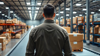 Obraz premium Warehouse worker surveys his inventory.