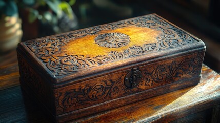 A beautifully carved wooden box with intricate designs, ideal for storage or decoration.