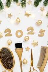Numbers 2025 golden colored scissors and comb with fir twigs on white background. Vertical template greeting card of hairdresser or hair salon.