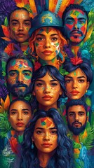 A vibrant visual on cultural diversity in learning, with tones of deep purple, forest green, and amber. Include global icons, diverse faces, and layers of flags to symbolize inclusivity