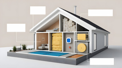 A highly detailed cross-section of a modern home showing modern insulation materials, a smart thermostat and underfloor heating, clear labelling and realistic textures that reduce heating costs