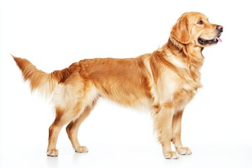 Golden retriever standing proudly against a white background.
