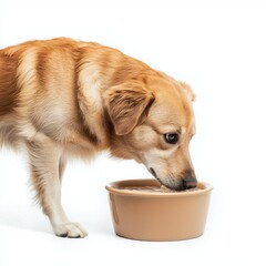 Golden retriever drinking from a bowl, white isolate background