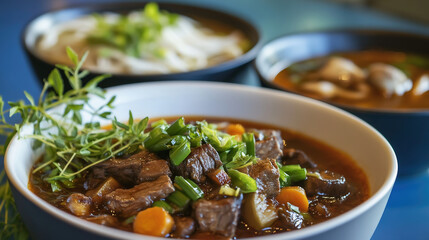 A bowl of beef bourguignon, rich and dark in color with tender meat, carrots, mushrooms, and herbs, has green pepper pieces on the side. The background shows two bowls of pho soup, one next to the oth