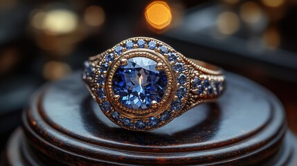 A beautifully crafted vintage ring featuring a large blue gemstone surrounded by smaller stones.