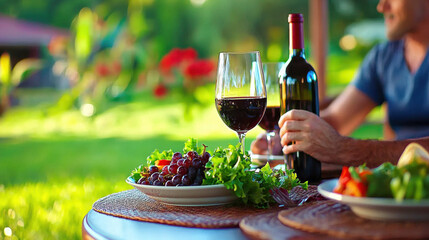 Outdoor dining with wine and fresh salad on sunny day