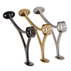 Three different colored metal brackets are shown, with one being gold