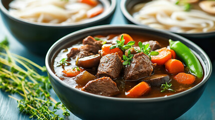 A bowl of beef bourguignon, rich and dark in color with tender meat, carrots, mushrooms, and herbs, has green pepper pieces on the side. The background shows two bowls of pho soup, one next to the oth